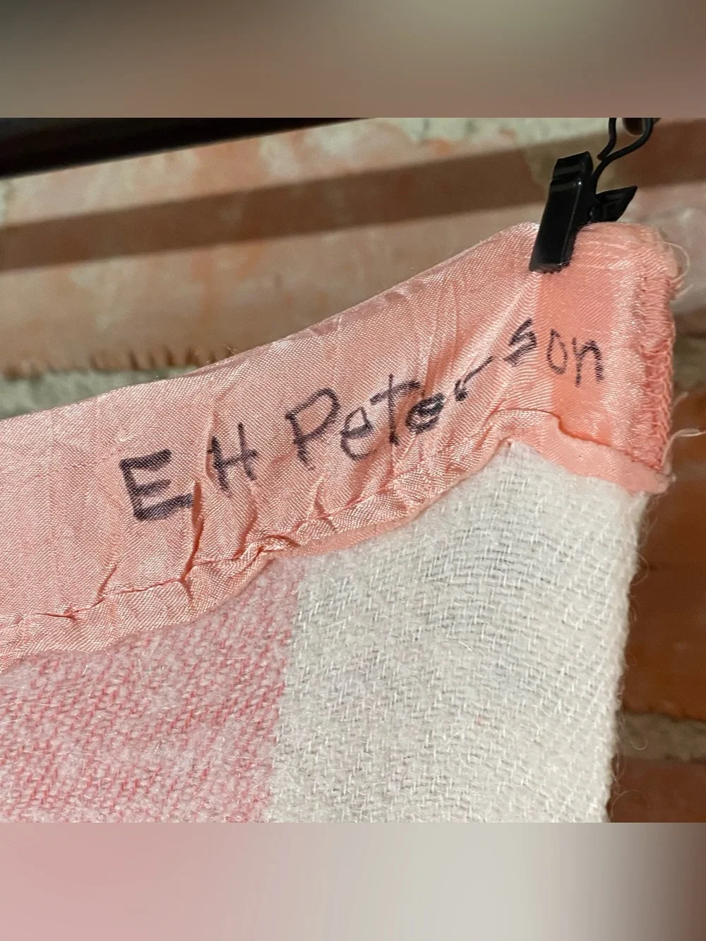 Vintage Pink White Plaid Wool Camp Blanket 61” x 79” Satin Edge